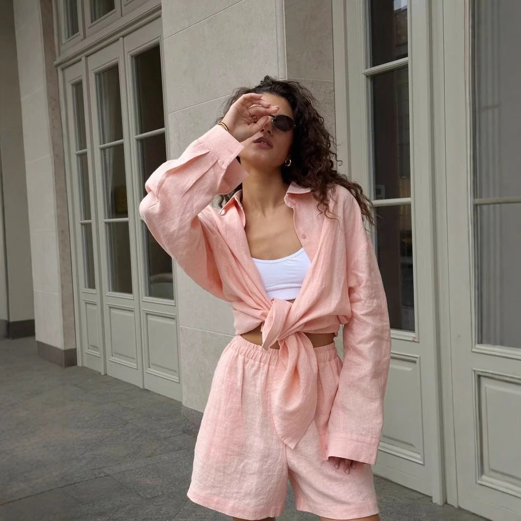Ensemble blouse en lin décontracté et shorts Chic und Stil pour femmes