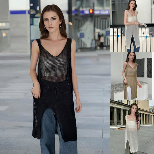 Robe en tricot aérien pour femmes avec fentes latérales et décolleté en V moderne Chic und Stil