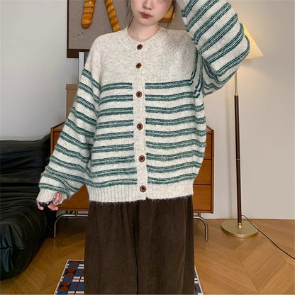 Dames Gros Tricot Veste avec Rayures Modernes et Détails de Bouton Chic und Stil