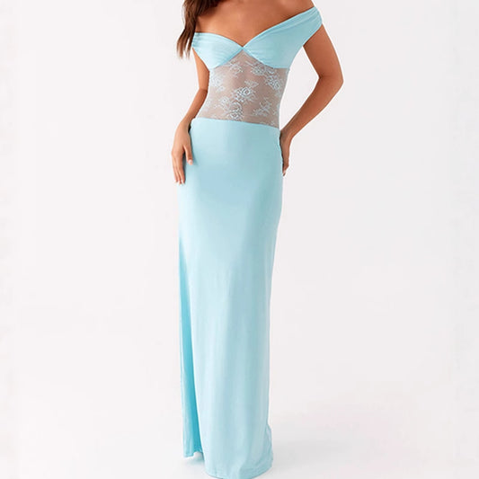 Femmes Élégante Robe Maxi Off-Shoulder avec Haut en Dentelle Transparent et Ourlet Élastique Étroit Chic und Stil