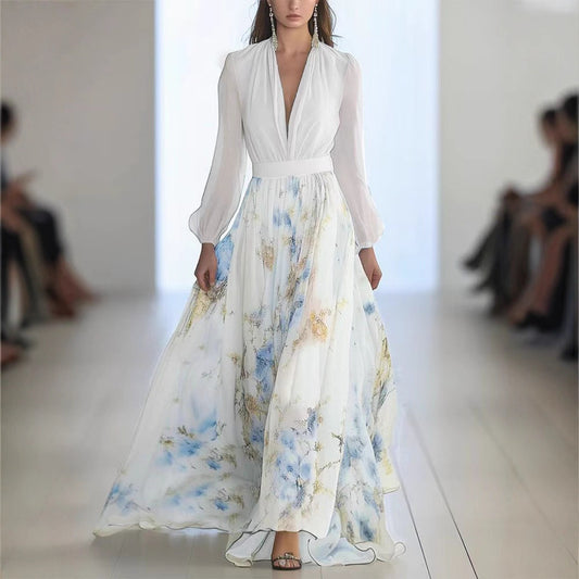 Robe maxi femme en chiffon floral avec des manches bouffantes élégantes Chic und Stil
