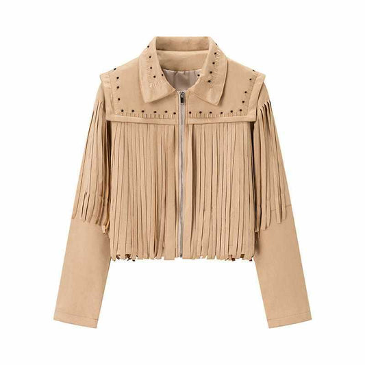 Damen trendige Wildlederjacke mit Fransen und Nieten Chic und Stil