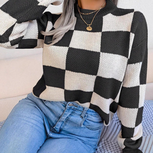 Dames Pull en tricot à motif écossais avec col rond à la mode Chic und Stil