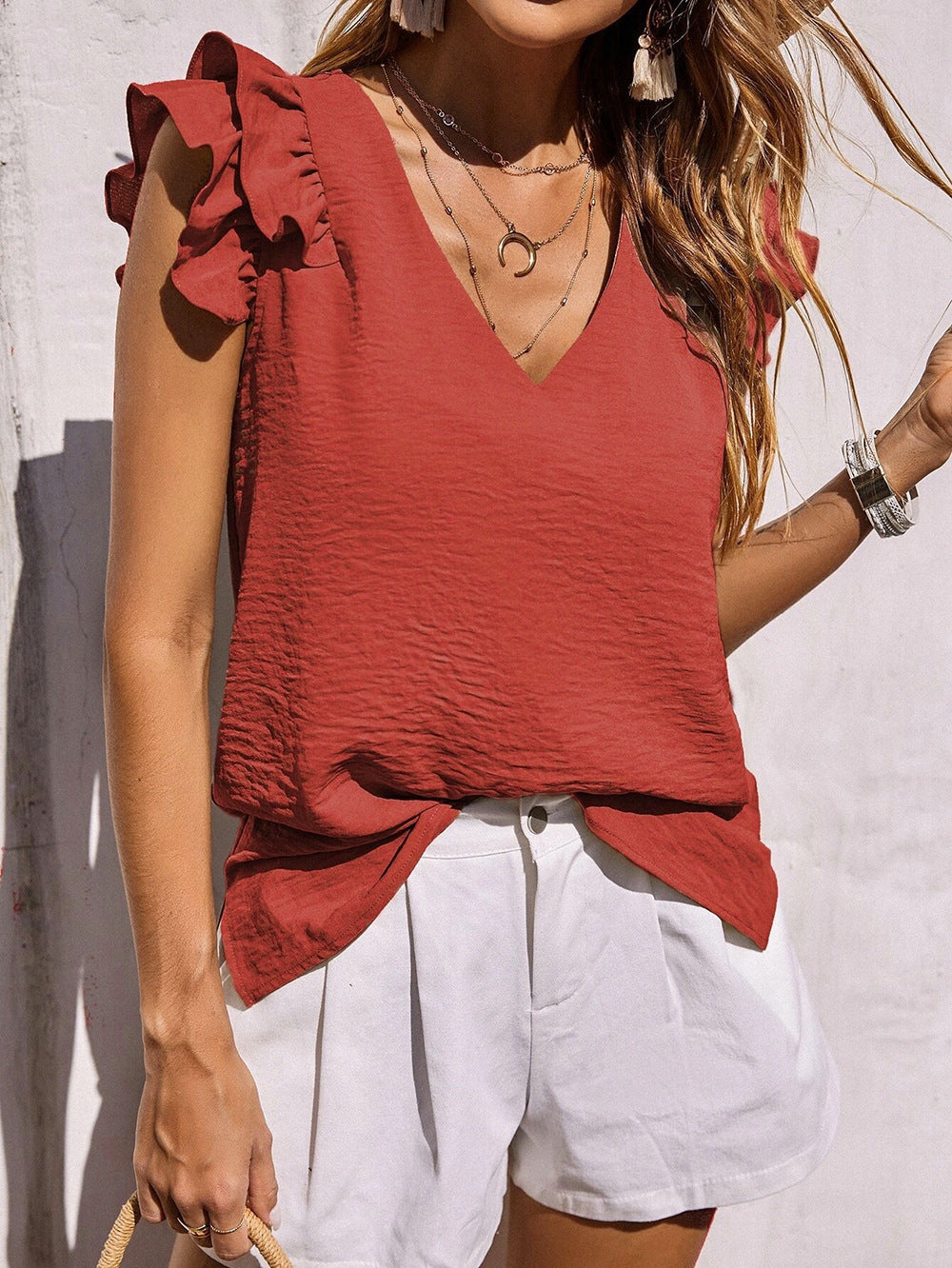 Top à manches à volants en V pour femmes Chic und Stil