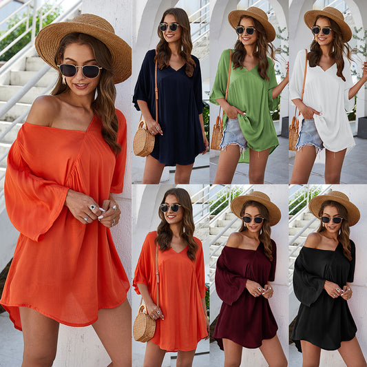Robe kaftan décontractée pour femmes avec décolleté en V et manches 3/4 Chic und Stil