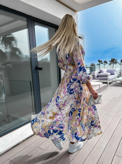 Robe maxi à imprimé vif pour femmes avec ceinture à nouer soi-même Chic und Stil