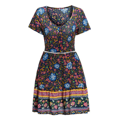Robe d'été élégante pour femmes avec design floral et ceinture taille Chic und Stil
