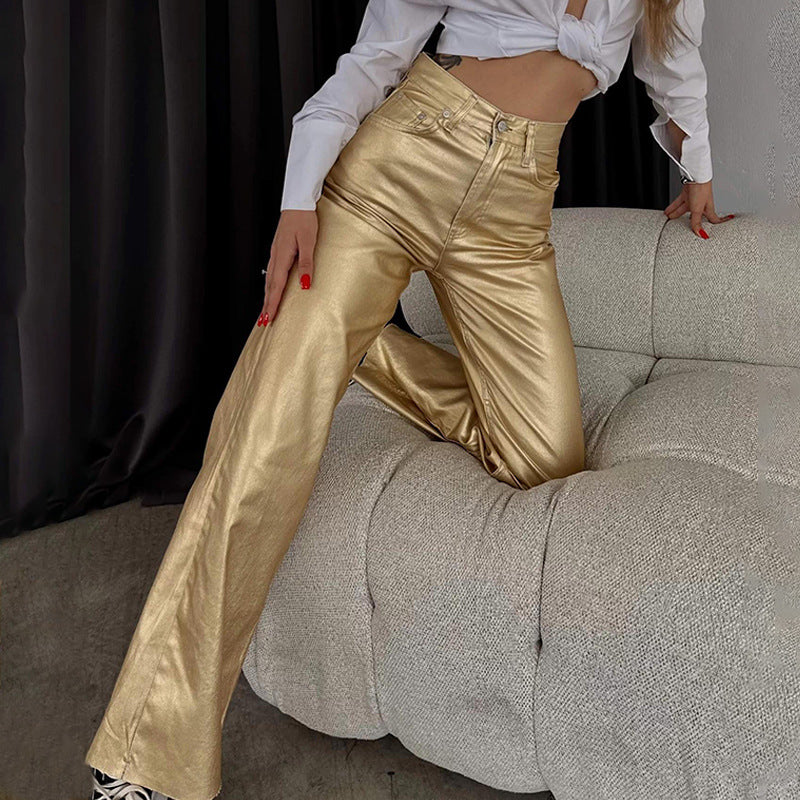 Metallic looking women's pants with a wide leg Chic und Stil