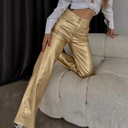Metallic looking women's pants with a wide leg Chic und Stil