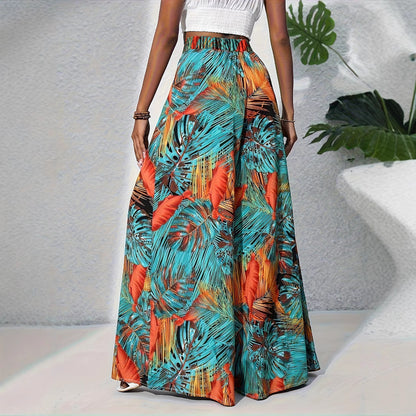 Palazzo Pants for Women with a Lively Palm Pattern and an Elastic High Waist Chic and Style