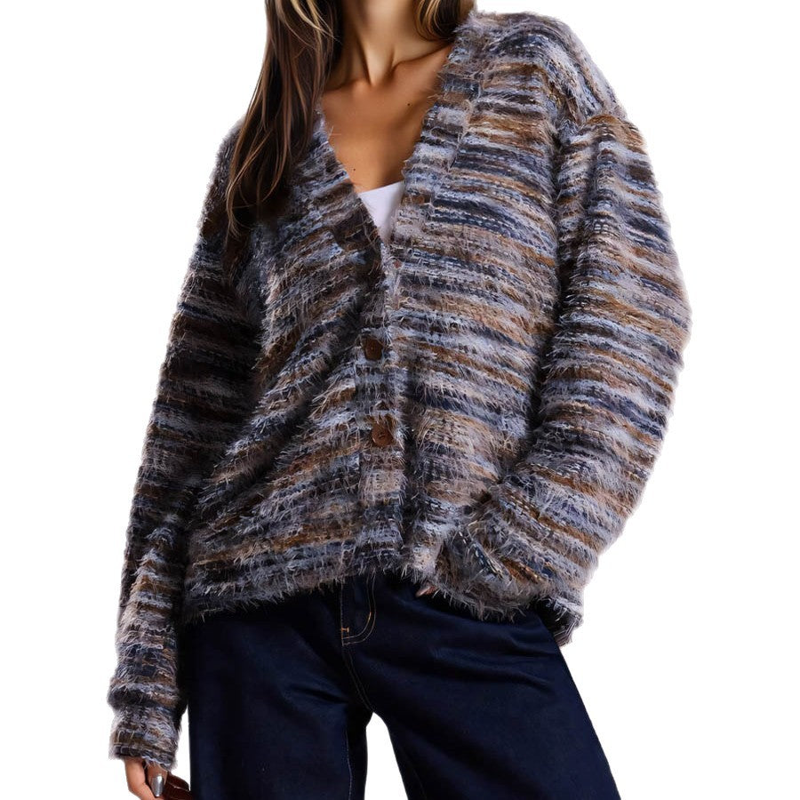 Dames Pull-over en peluche avec décolleté en V profond et coupe ample Chic und Stil