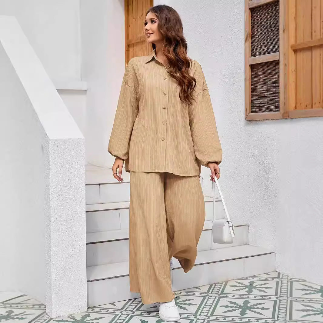 Chic and stylish casual set for women with structured top and wide pants