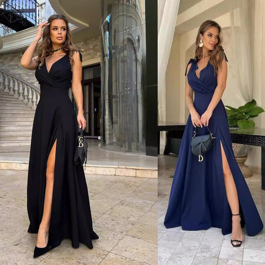 Robe maxi élégante pour femmes avec fente latérale et liens à nouer Chic und Stil