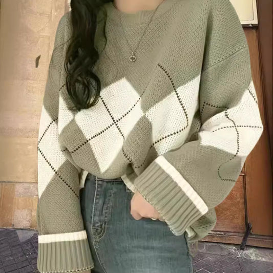 Dames gros tricot pull avec motifs en losanges modernes et coupe ample Chic und Stil