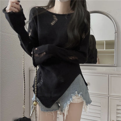 Pull en tricot stylé pour femmes avec des déchirures décontractées et un ourlet asymétrique Chic und Stil
