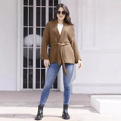 Cardigan tricot décontracté pour femmes avec ceinture à la taille et coutures d'épaules Chic und Stil