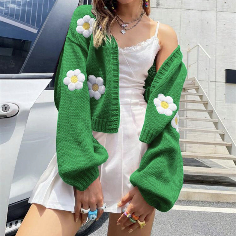 Cardigan court en tricot pour femmes avec un motif floral fantaisiste Chic und Stil