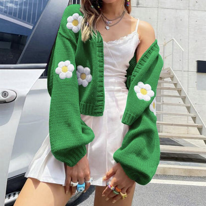 Cardigan court en tricot pour femmes avec un motif floral fantaisiste Chic und Stil