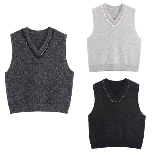Dames élégant pull en tricot sans manches avec des appliqués scintillants Chic und Stil