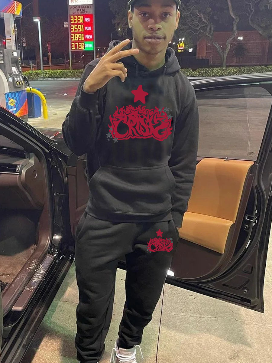 Men's hoodie and jogger pants set with artistic print and chic casual details