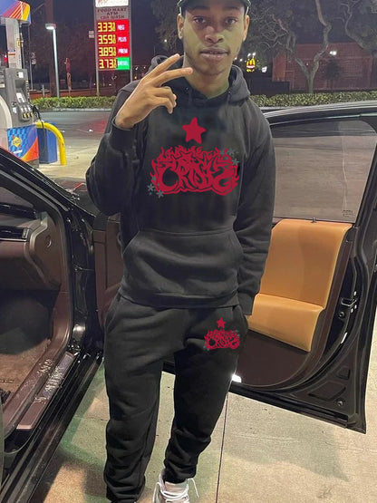 Men's hoodie and jogger pants set with artistic print and chic casual details