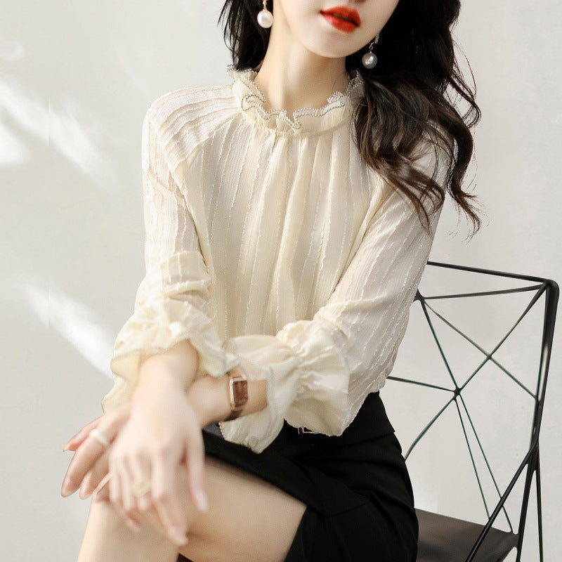 Blouse à col montant froncé pour femmes avec détails de manches transparentes Chic und Stil