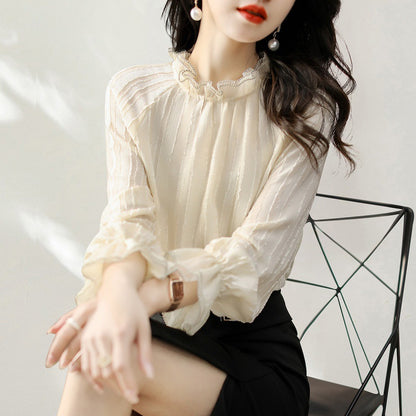 Blouse à col montant froncé pour femmes avec détails de manches transparentes Chic und Stil