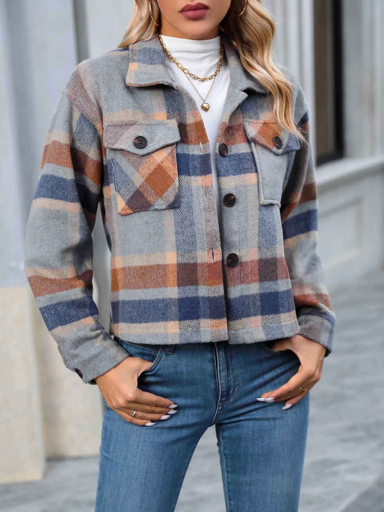 Dames Flanel à Carreaux Veste avec Poches Chic und Stil