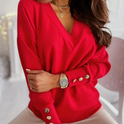 Femme Pull décontracté à col en V avec détails de boutons Chic und Stil