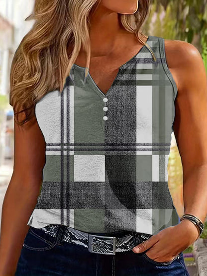 Top sans manches pour femmes à col en V avec détail de bouton décoratif et motif à carreaux moderne Chic und Stil