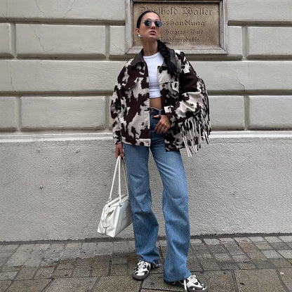 Fringed oversized jacket for women with cow print Chic and Style