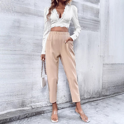 Women Elegant Casual Pants with Comfortable Elastic and Side Pockets Chic and Style