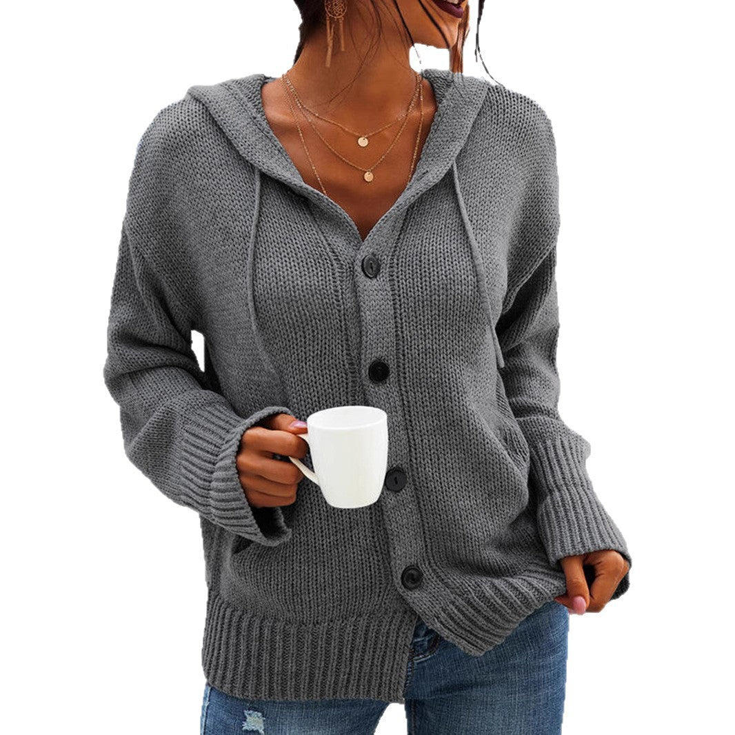 Dames gros tricot cardigan avec capuche et gros boutons Chic und Stil