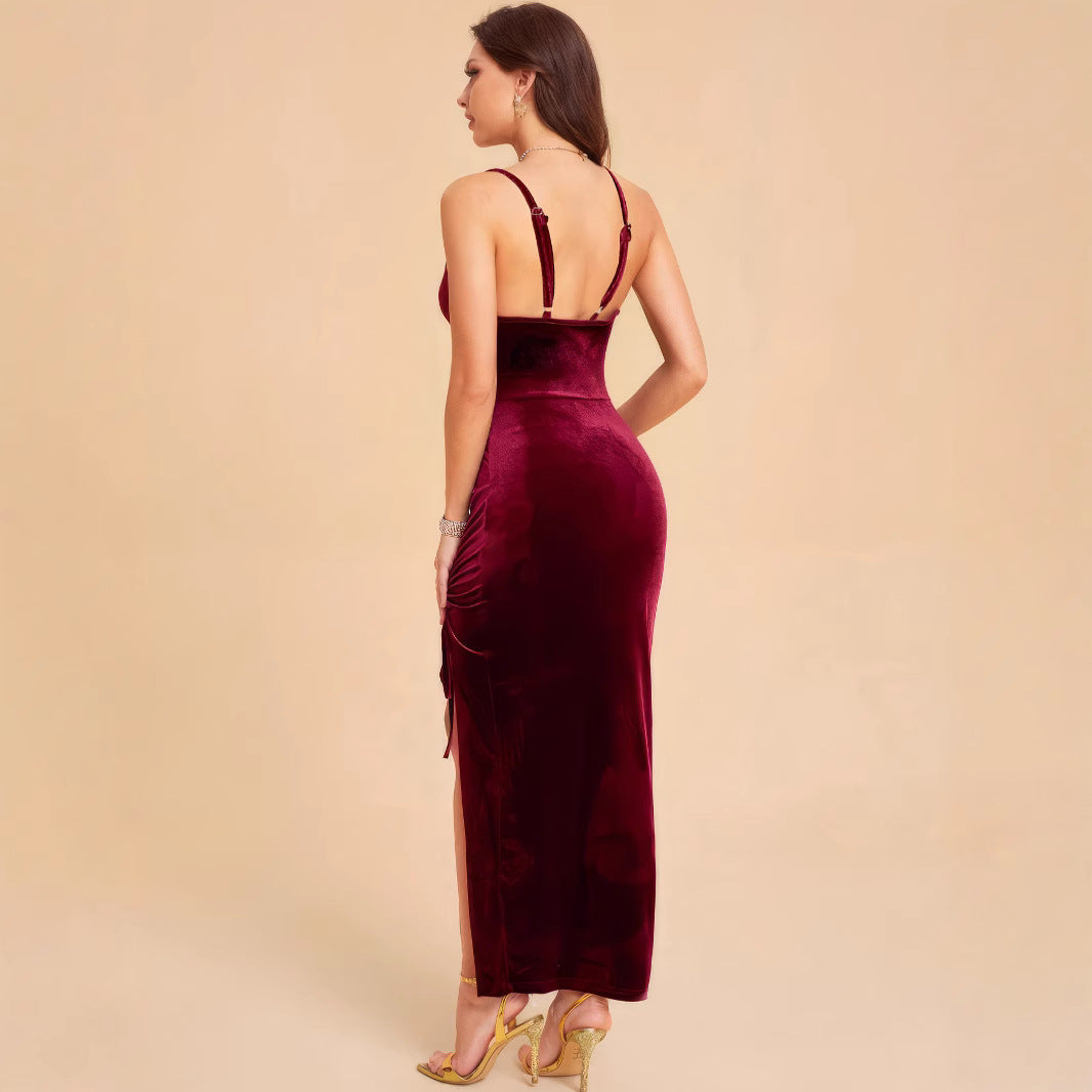 Dames Élégante Robe Maxi en Velours avec Fente Ajustable et Ruching Raffiné Chic und Stil