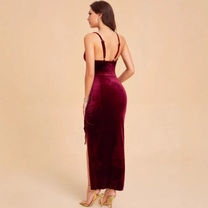 Dames Élégante Robe Maxi en Velours avec Fente Ajustable et Ruching Raffiné Chic und Stil