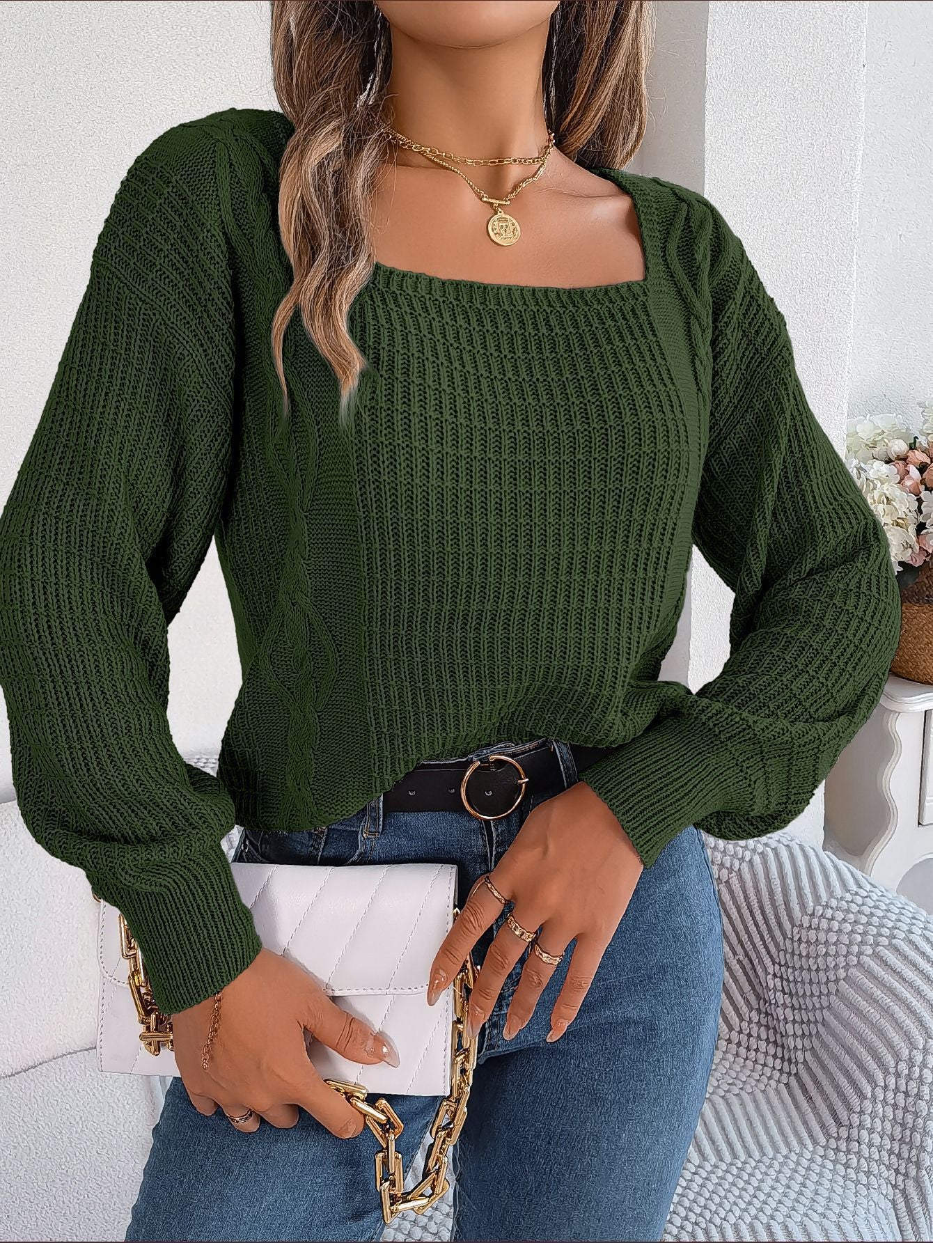 Pull en grosse maille pour femmes avec encolure carrée et manches volumineuses Chic und Stil