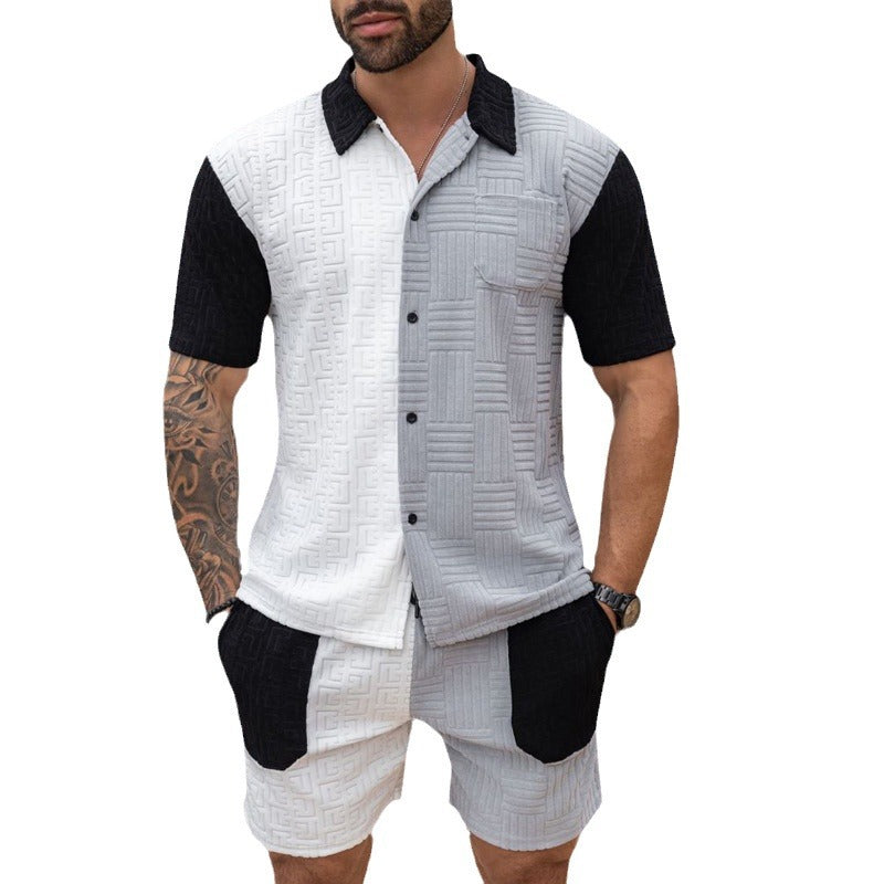 Ensemble chemise à manches courtes et shorts pour hommes avec design structuré artistique Chic und Stil