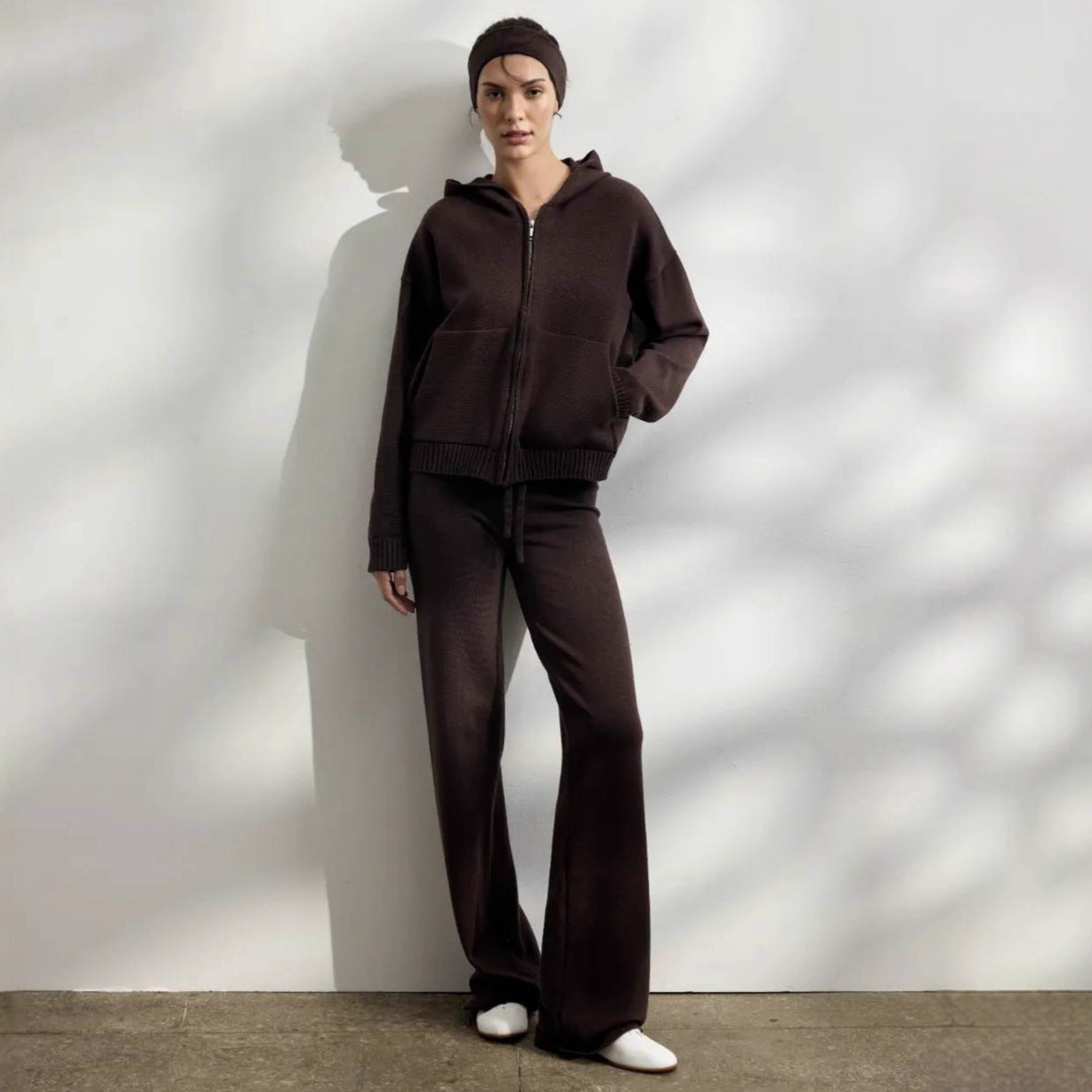 Casual knit outfit for women with hoodie jacket and comfortable palazzo pants Chic and Style