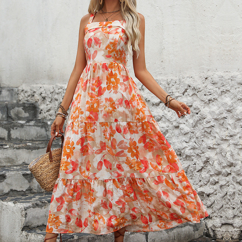 Robe maxi florale à volants pour femmes avec bretelles spaghetti réglables Chic und Stil