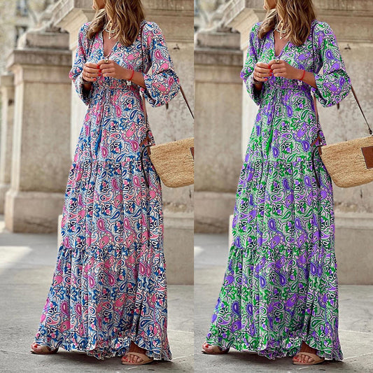 Robe maxi pour femmes avec des motifs floraux et une ceinture taille tendance Chic und Stil