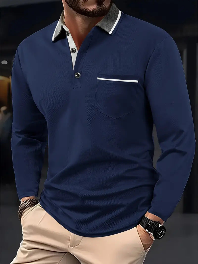 Men's long sleeve polo with textured collar and chest pocket Chic and Style