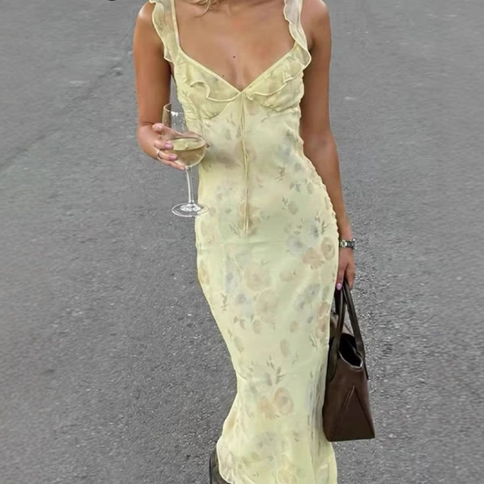 Robe maxi femme avec ornements floraux en dentelle et élégant décolleté en V Chic und Stil