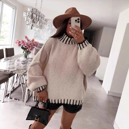 Pull en tricot épais décontracté pour femmes avec des manches volumineuses et un col montant Chic und Stil