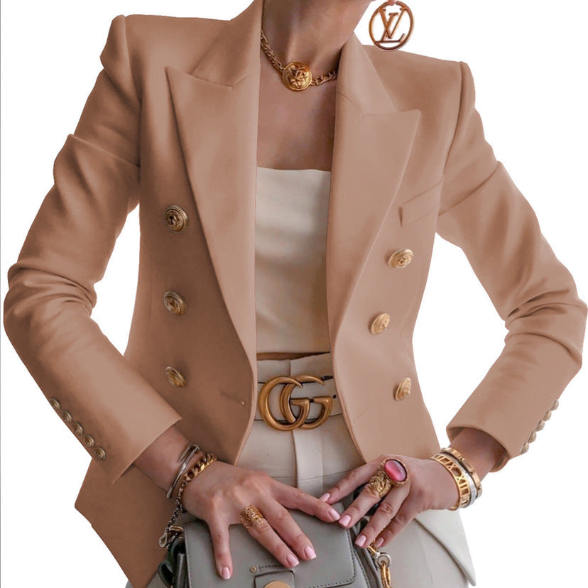 Dames Élégante Blazer à Doublé Rangée avec Boutons Dorés Chic und Stil