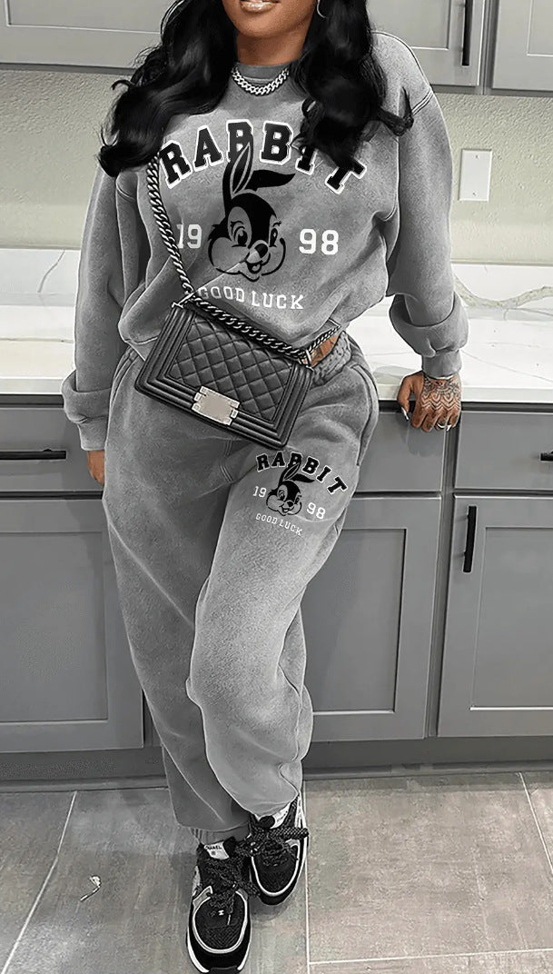 Dames Pull en Pantalon de Jogging Confortable Ensemble avec Détails d'Impression Créatifs Chic und Stil