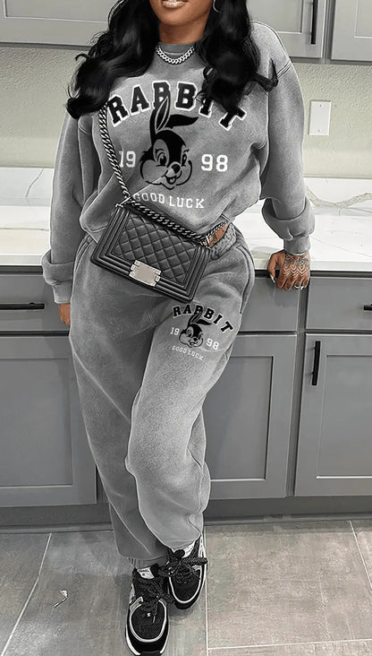 Dames Pull en Pantalon de Jogging Confortable Ensemble avec Détails d'Impression Créatifs Chic und Stil