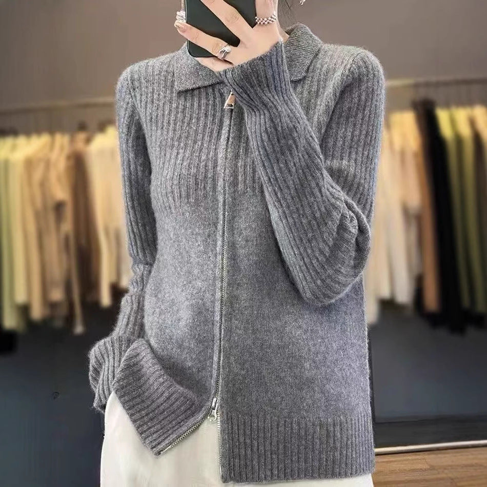 Cardigan tricot confortable pour femmes avec fermeture éclair et patron côtelé fin Chic und Stil