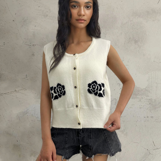 Dames gilet en tricot avec design floral et boutons confortables Chic und Stil