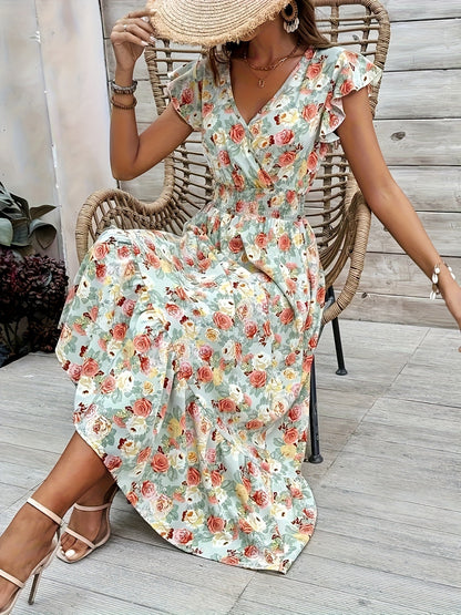 Robe maxi pour femmes avec design floral et décolleté en V décontracté Chic und Stil