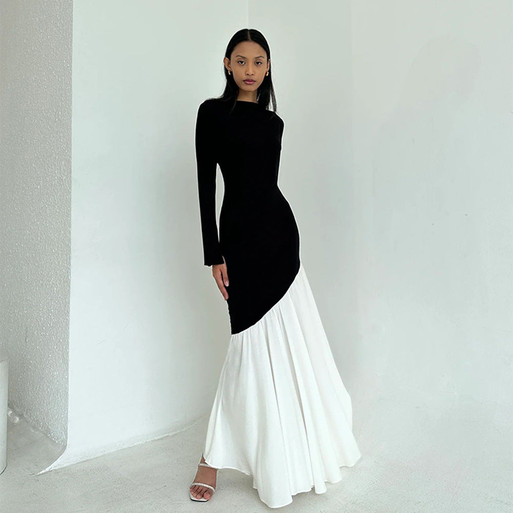 Robe maxi élégante et asymétrique pour dames avec des manches longues et des contrastes de couleurs Chic und Stil